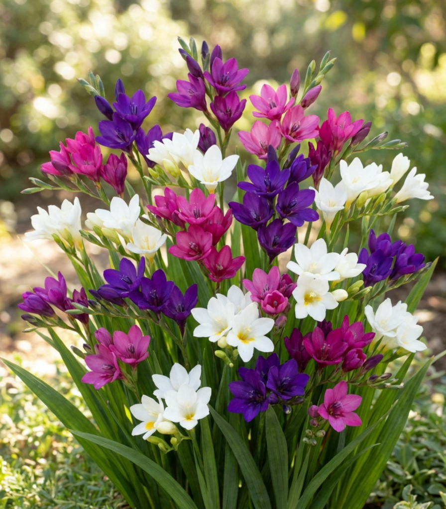 Baboon flower bulbs in bloom showing purple, pink, and white summer flowers for garden beds and school, church, and scout bulb fundraisers