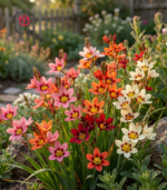Harlequin flower bulbs (Sparaxis mixed) blooming in bright red, orange, yellow, and white, used in spring bulb fundraisers for schools, churches, and scout troops