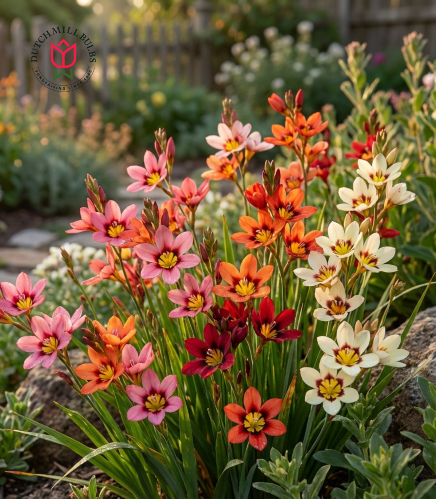 Harlequin flower bulbs (Sparaxis mixed) blooming in bright red, orange, yellow, and white, used in spring bulb fundraisers for schools, churches, and scout troops