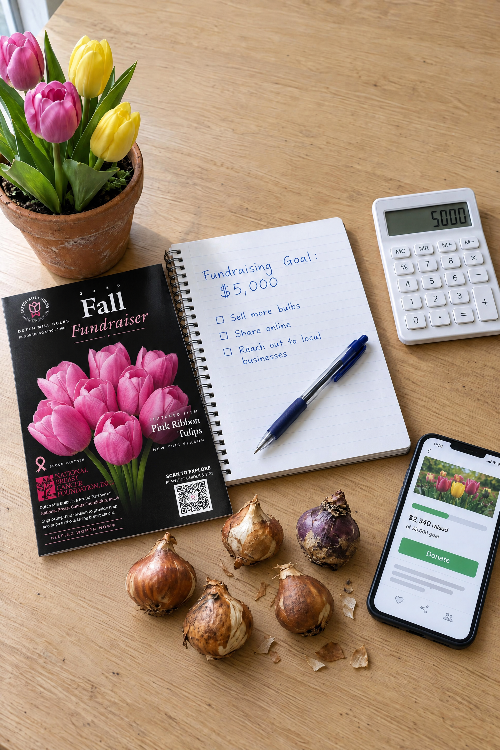 Fundraising planning with a $5,000 goal, Dutch Mill Bulbs brochure, flower bulbs, calculator and online fundraiser