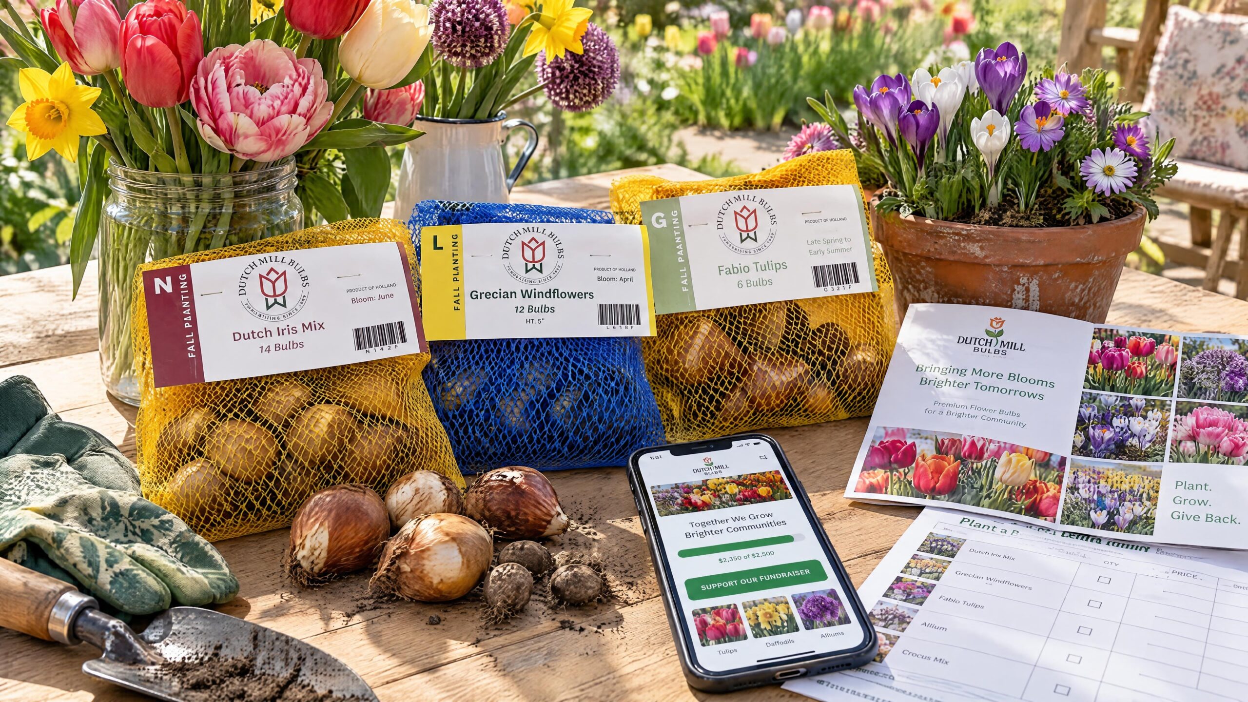 Flower bulbs and fundraising materials illustrating how a Dutch Mill Bulbs flower bulb fundraiser works